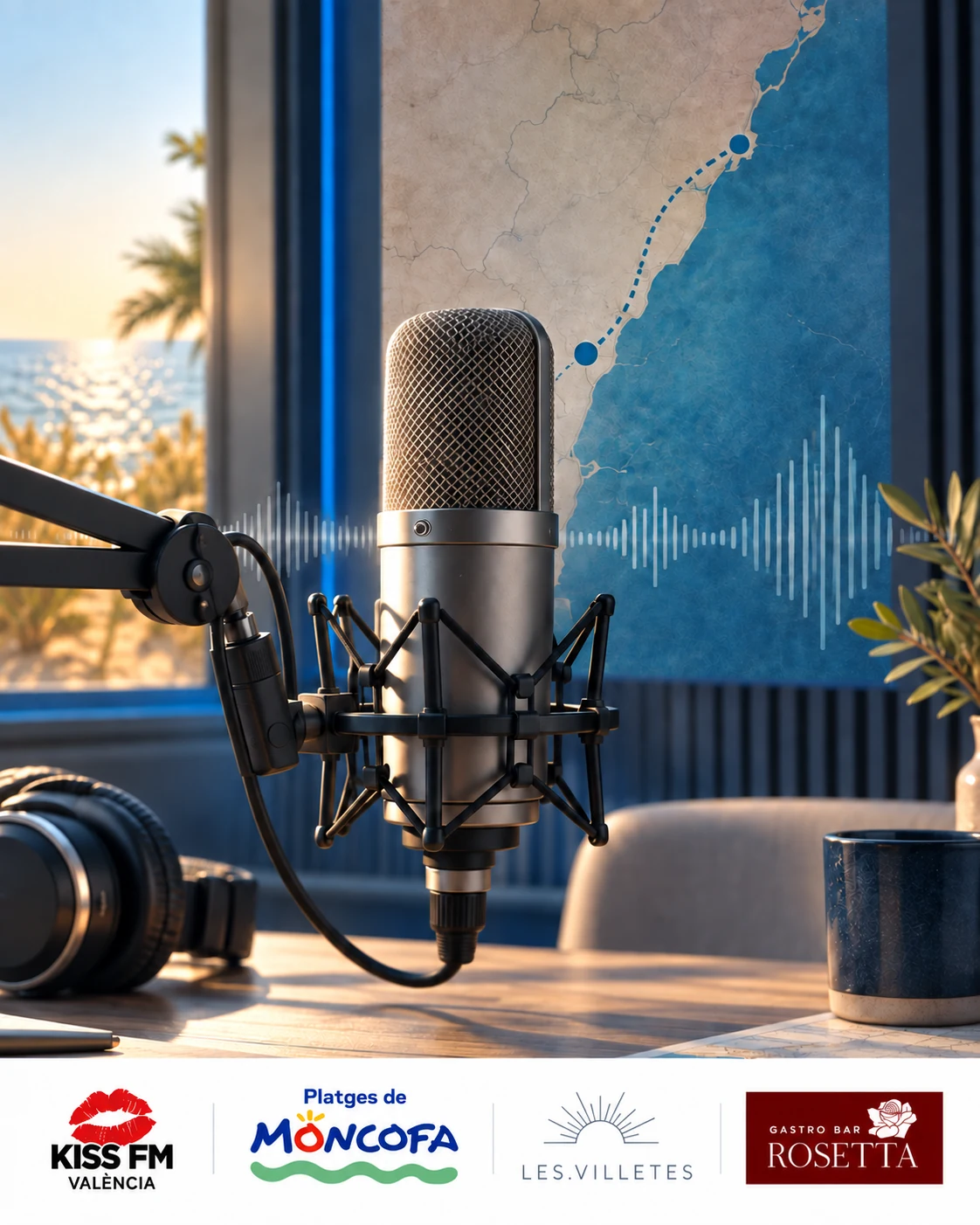 Micrófono de radio junto al mar y las marcas KISS FM Valencia, Platges de Moncofa, Les Villetes y Gastrobar Rosetta