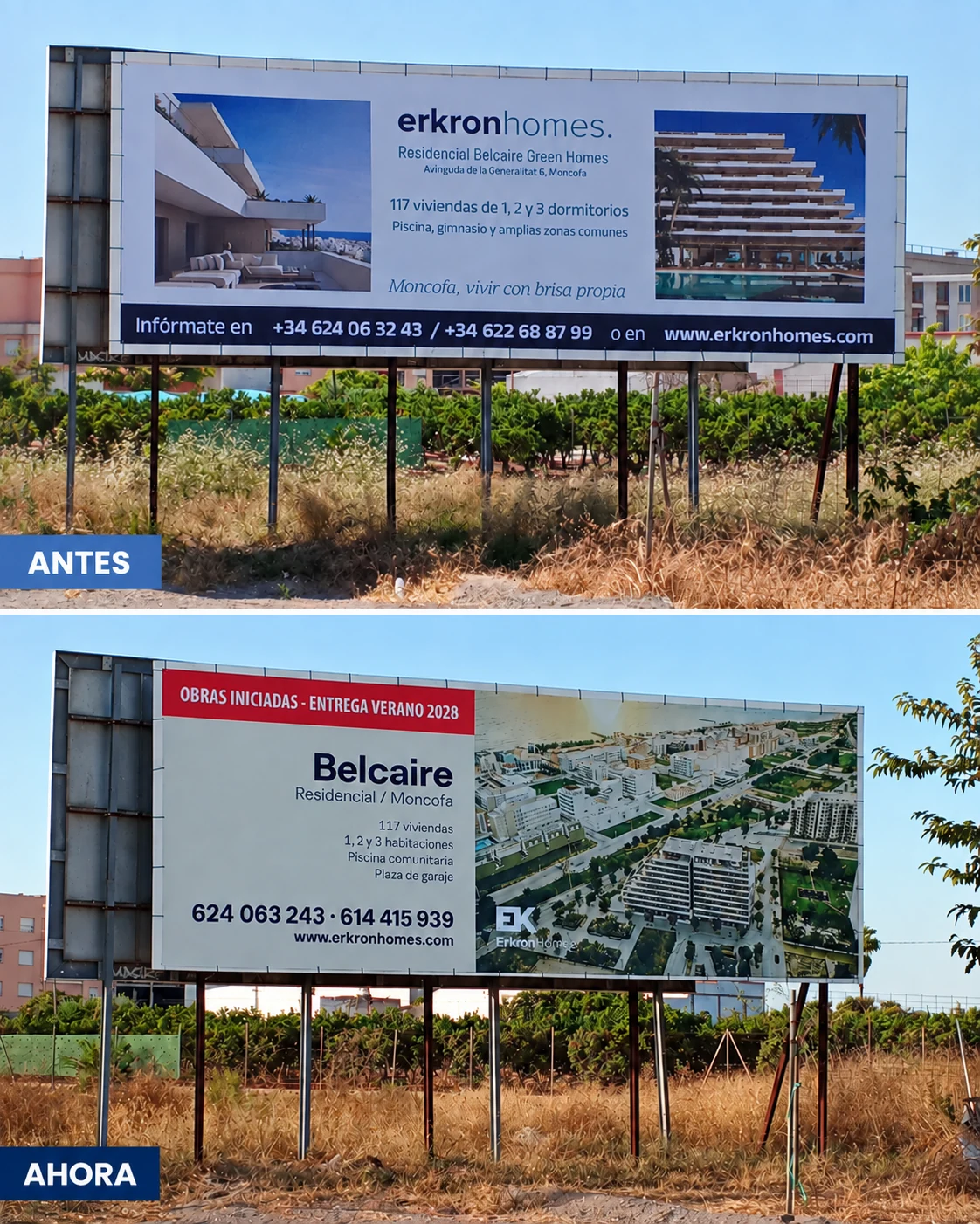 La valla de Belcaire Green Homes antes y después de actualizar la marca, el mensaje y los contactos