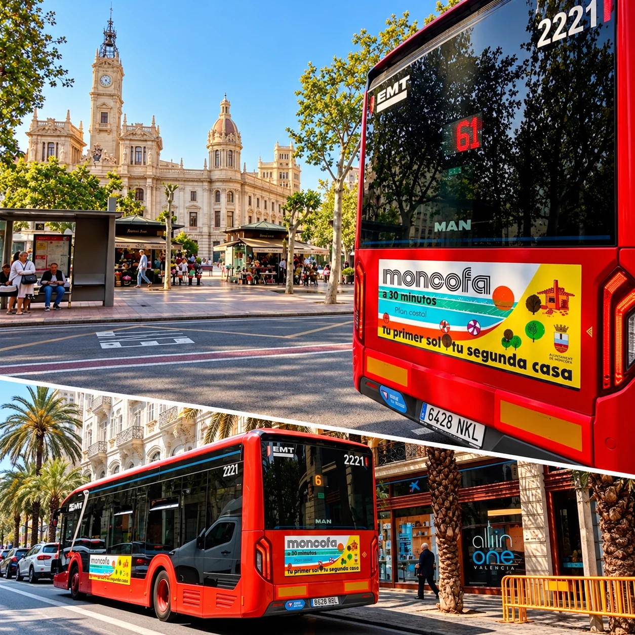 Autobuses de la EMT con publicidad de Moncofa Turisme frente al Ayuntamiento de Valencia y en las calles de la ciudad